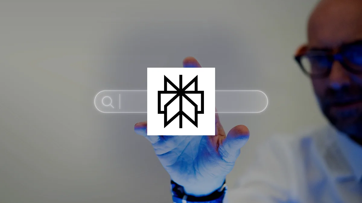 Man holding search bar and Perplexity logo